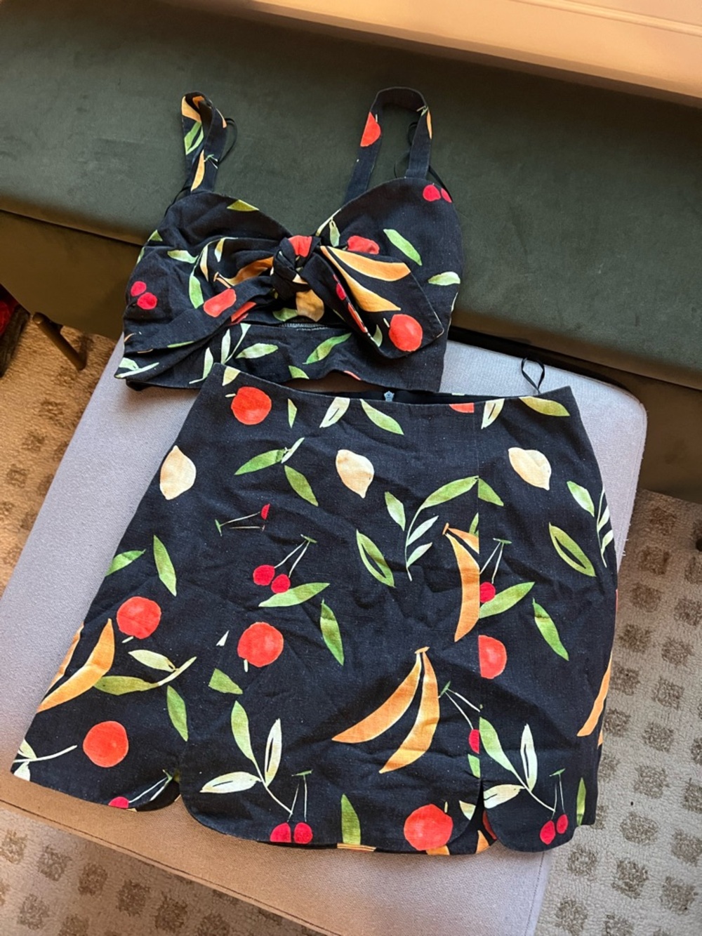 Finders Keepers Black Mini Skirt and Crop Top Set with Multicolor Fruit Print
